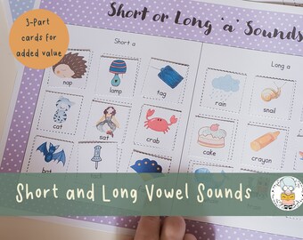 Sonidos de vocales cortas y largas / Paquete de actividades de fonética de artes del lenguaje / Habilidades de lectura temprana