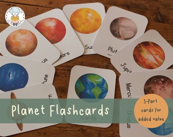 Planet Watercolour Three-Part Flash Cards | Space and Solar System | Nomenclature, Montessori and Preschool Learning | PDF Download