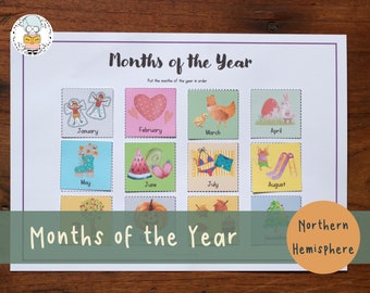 May include: A colorful educational chart with illustrations for each month of the year. The chart is titled "Months of the Year" and includes the text "Put the months of the year in order". The chart also includes the text "Northern Hemisphere".