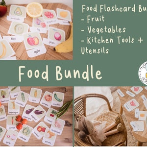 Pacchetto Flashcard alimentare - Frutta, verdura e utensili e utensili da cucina - Schede flash con nomenclatura in tre pezzi, Apprendimento Montessori