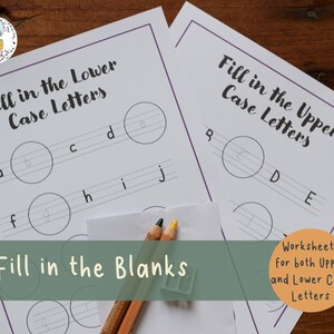 Aprendizaje del alfabeto en mayúsculas y minúsculas / Complete la hoja de trabajo de letras que faltan / Educación en el hogar imprimible / Descarga en PDF