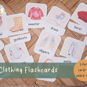 Lärande om kläder och accessoarer | 30 akvarellkort | Montessori, nomenklatur, förskolelärande i tre delar | PDF-nedladdning