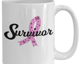 Breast Cancer Survivor Mug, Pink Ribbon Gift, 10 Year Breast Cancer Survivor Mug, Cancer Survivor Milestone Coffee Cup