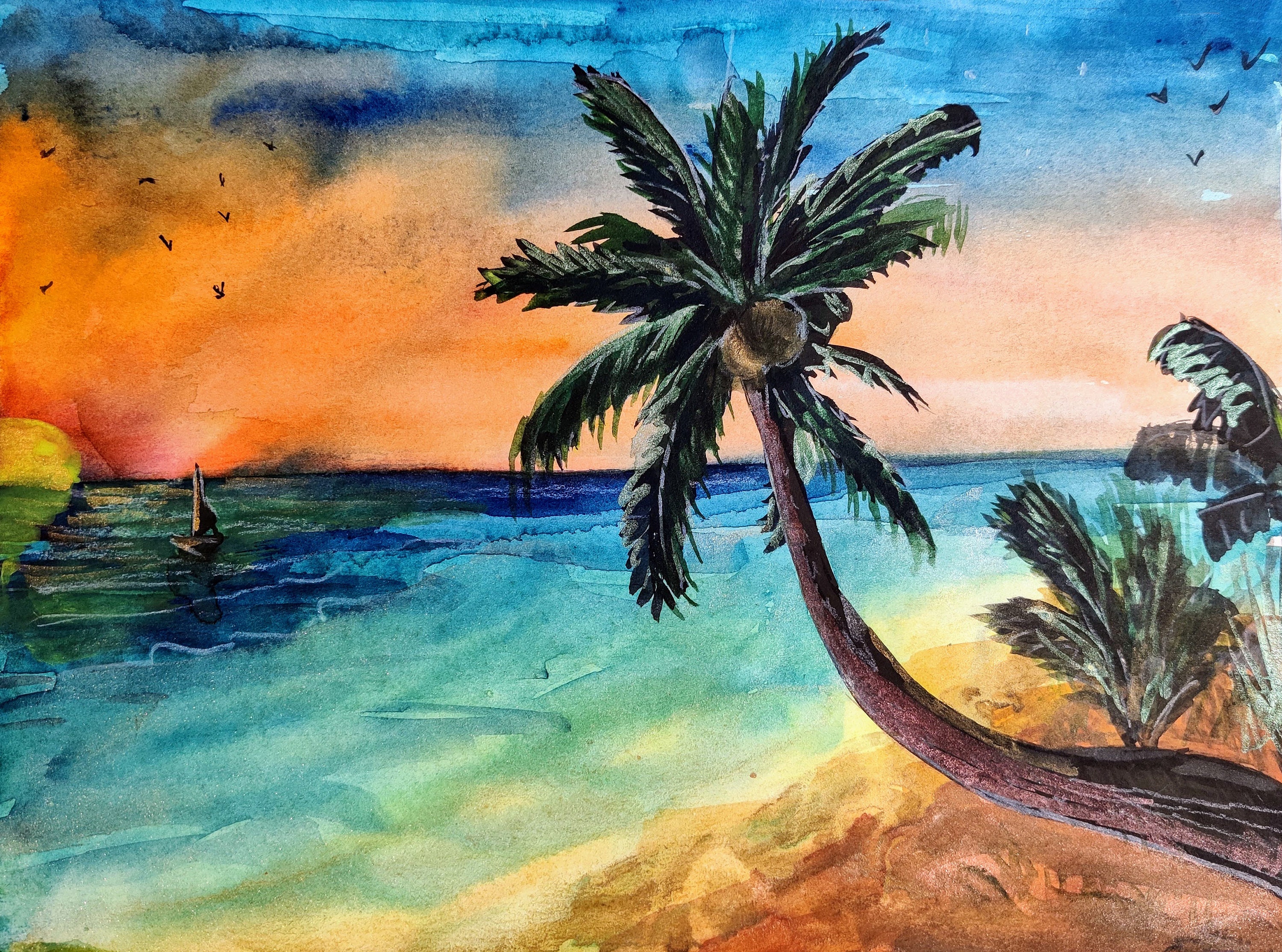 Hawaii Malerei Aquarell Original Kunst Palmen Oahu Seascape | Etsy