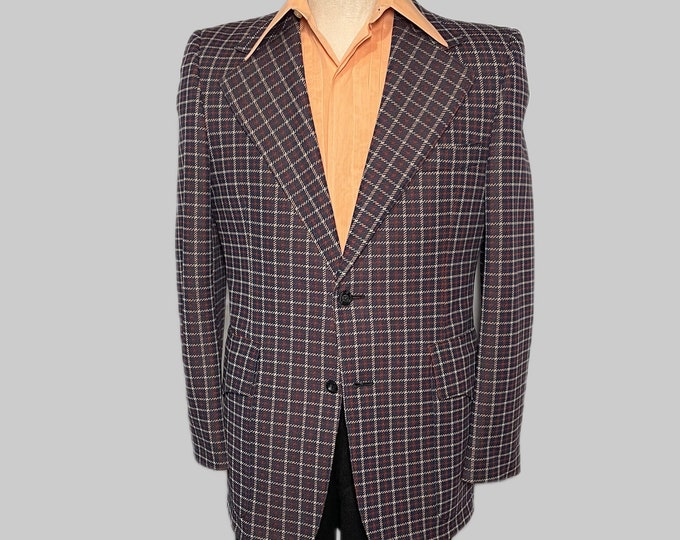 Vintage 1970s Plaid Pattern Western Flap Pockets Sport Coat | Men's Size M-L