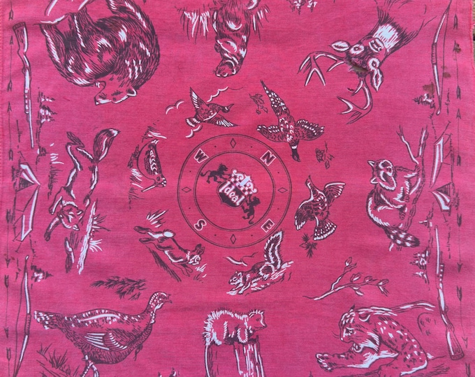IDEAL PRODUCTS Vintage 1961 Red Hunting Bandana | Wild Animals Print