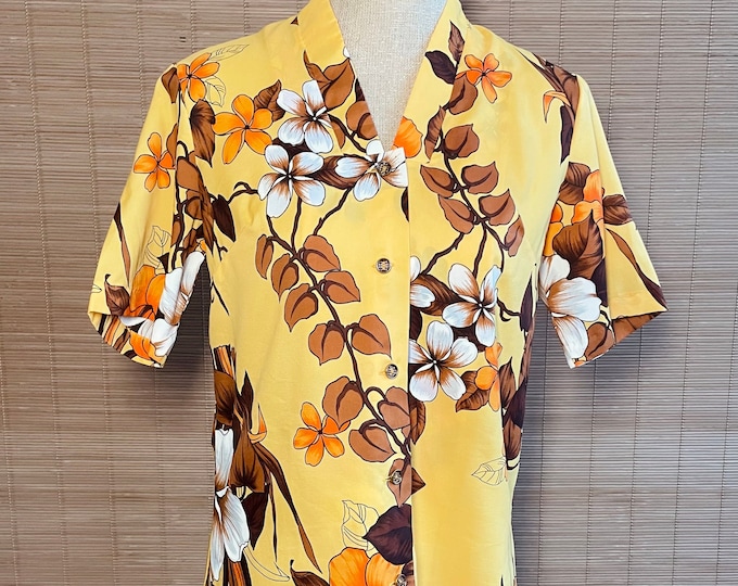 Vintage Royal Hawaiian Yellow Tiki Blouse - Women's Size 12 - /Aloha Shirt/Tiki Oasis/Souvenir/Vegas/Rockabilly /True Vintage/Ohana Luau