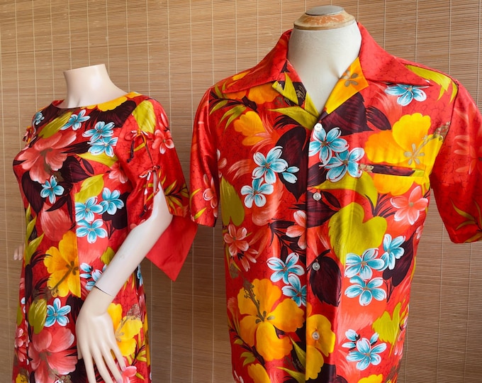 VINTAGE 70s Sears Hawaiian TIKI Dress & Matching Shirt | Aloha/Floral/Couples/Honeymooners/Tiki Oasis/Ohana/Luau/Matching Set/Gold Accents