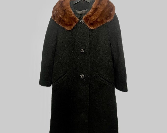 Vintage 1960s Stevens Hockanum Wool Coat w/ Mink Fur Collar - Size XL - Full Length MCM Black 60s Coat.
