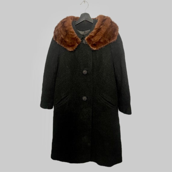 Vintage 1960s Stevens Hockanum Wool Coat w/ Mink Fur Collar - Size XL - Full Length MCM Black 60s Coat.