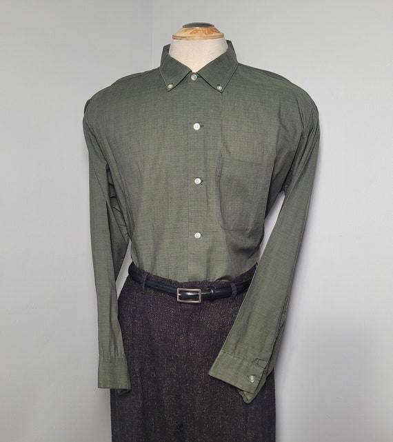 Vintage 1960s Deadstock Mr. Dee Cee Dark Sage Green Button Down Dress Shirt | Men's Size XL | Formal Shirt/60s/True Vintage/Rock and Roll