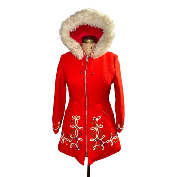Vintage Red Wool Parka Inuit Coat | Hand-Made Embroidery | Women's Size SMALL