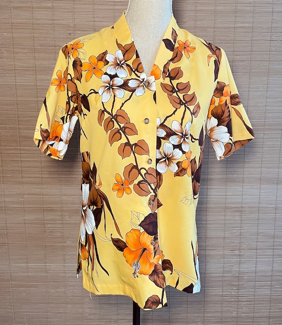 Vintage Royal Hawaiian Yellow Tiki Blouse - Women's Size 12 - /Aloha Shirt/Tiki Oasis/Souvenir/Vegas/Rockabilly /True Vintage/Ohana Luau