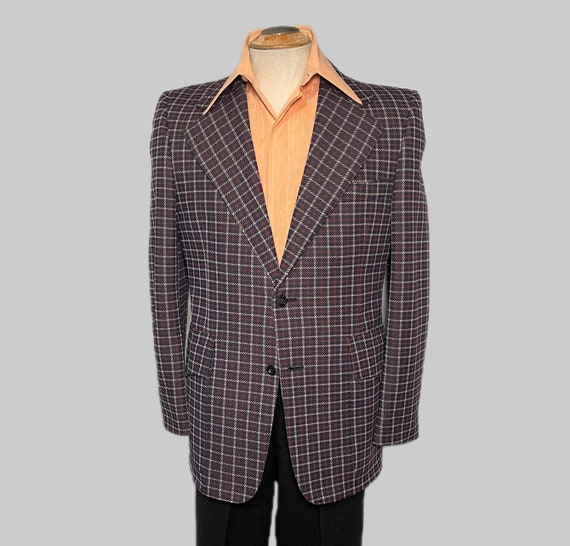 Vintage 1970s Plaid Pattern Western Flap Pockets Sport Coat | Men's Size M-L