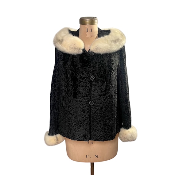Vintage 1950s  Black Persian Lamb Fur Coat with Fur Trim - Size XL - MCM 50s Coat | Authentic Vintage, Elegant, Rockabilly, Pin-Up Fashion