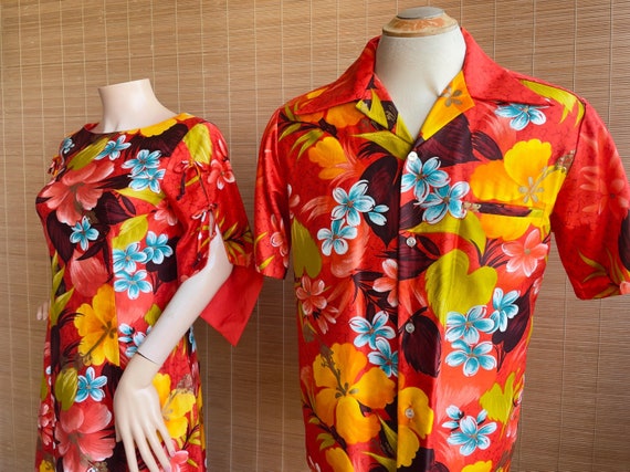 VINTAGE 70s Sears Hawaiian TIKI Dress & Matching Shirt | Aloha/Floral/Couples/Honeymooners/Tiki Oasis/Ohana/Luau/Matching Set/Gold Accents