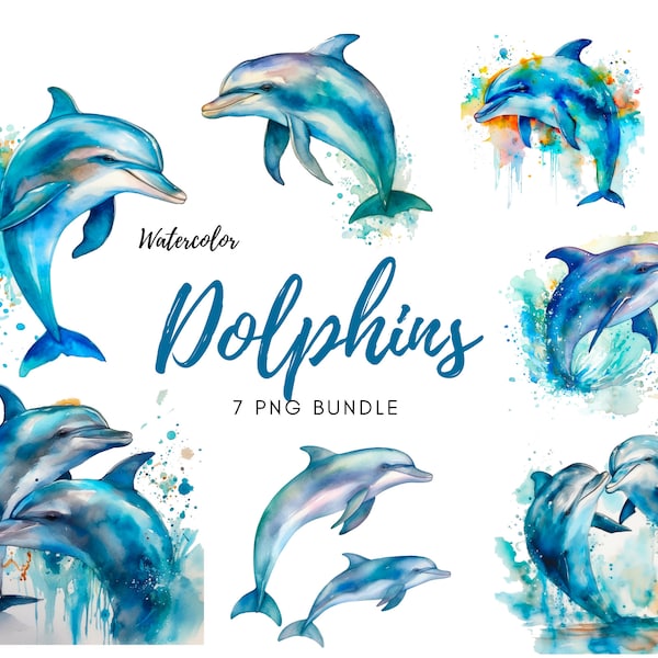 Dolphin Art, Watercolor Dolphin Clipart, Watercolor Dolphins, Dolphin Clipart, Animal Art - PNG, Instant Download, Commercial Use