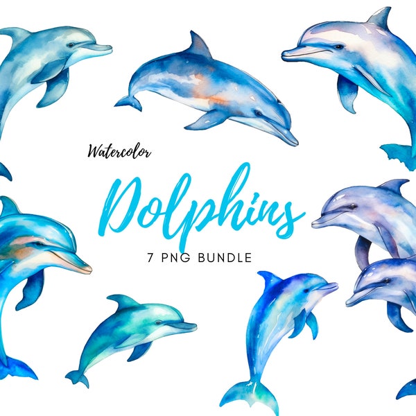 Dolphin Art, Watercolor Dolphin Clipart, Watercolor Dolphins, Dolphin Clipart, Animal Art - PNG, Instant Download, Commercial Use