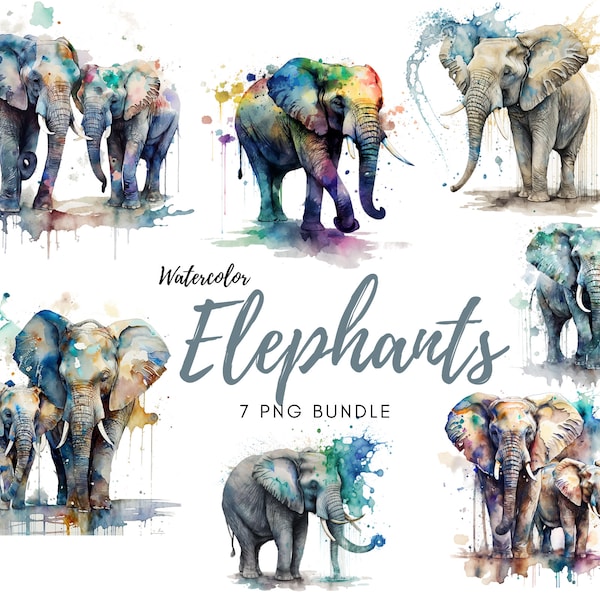 Elephant Art, Watercolor Elephant Clipart, Watercolor Elephants, Elephant Clipart, Animal Art - PNG, Instant Download, Commercial Use