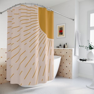 Boho Duschvorhang, Moderne Abstrakte Ästhetik, Kunst Blätter Sonne Wasserdicht Mid Century Bad Vorhang Gelb Natur Pflanze Badezimmer Dekor