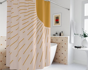 Boho Shower Curtain, Modern Abstract Aesthetic, Art Leaves Sun Waterproof Mid Century Bathroom Curtain Yellow Nature Plant Bathroom Decor