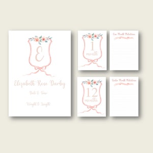 Digital or Printed Monthly Milestone Cards, Baby Milestone Cards, Girls Watercolor Milestone Card, Monogram Crest Milestone Card