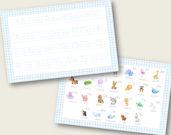 Alphabet Tracing Laminated Placemat, Children's Placemat, Name Tracing, Watercolor Animal Alphabet, Children's Name Tracing Placemat
