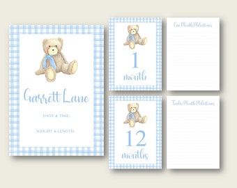 DIGITAL or PRINTED Monthly Milestone Cards, Baby Milestone Cards, Teddy Bear Milestone Card, Blue Gingham Watercolor Milestone Card