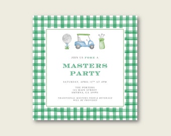 May include: A green and white gingham patterned invitation for a Masters party. The invitation features a cartoon golf cart, golf clubs, and a golf ball. The text on the invitation reads "Join us pore a Masters Party, Saturday, April 13th at 2pm, The Porters, 123 Main Street, Smyrna, GA 30082, Traditional Masters food & beverage will be provided."