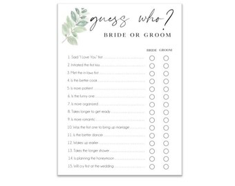 Guess Who Game, Couples Shower Game, Shower Game, He said she said, Guess Who, Bridal Game, Party Game