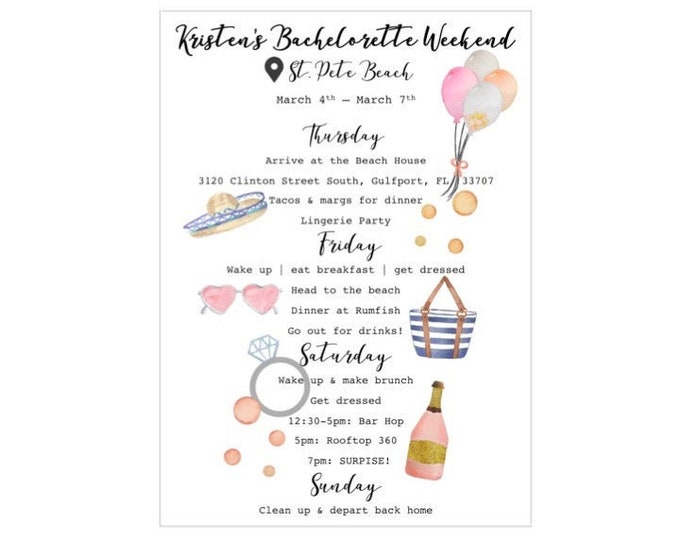 Bachelorette Party Itinerary, Trip Itinerary, Custom Printed Schedule ...