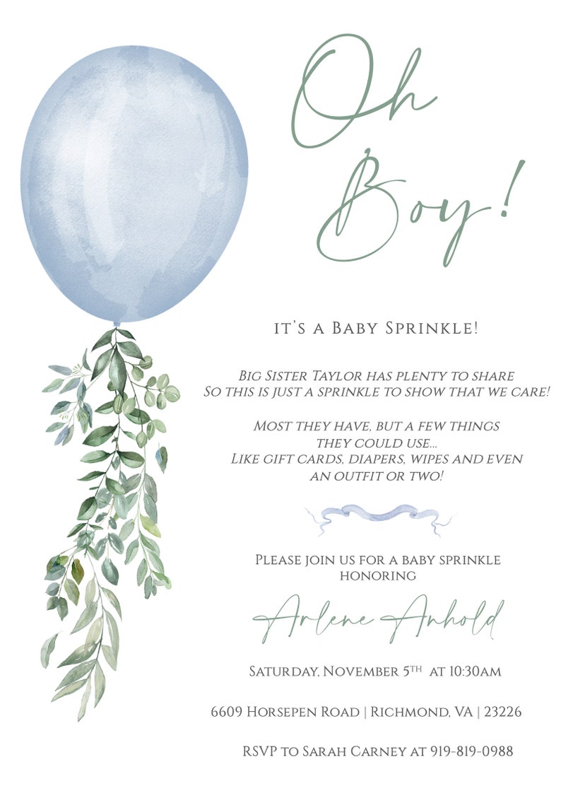 Op de afbeelding: Een baby sprinkle uitnodiging met een blauwe ballon en groene bladeren. De tekst luidt "Oh Boy!" en "It's a Baby Sprinkle!" De uitnodiging bevat de naam "Arlene Anhold" en de datum "Zaterdag 5 november om 10:30 uur".