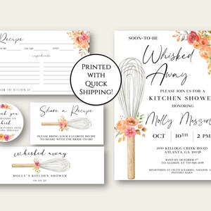 May include: A kitchen shower invitation with a watercolor floral design featuring a whisk and the text "Whisked Away". The invitation includes the bride-to-be's name, the date and time of the shower, and the address. It also includes the text "Please join us for a kitchen shower honoring Molly Messnerly".