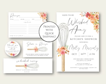 PRINTED Whisked Away Kitchen Shower Invite Bundle, Recipe Cards, Kitchen Shower Themes, Bridal Shower Invites