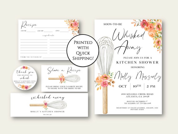 PRINTED Whisked Away Kitchen Shower Invite Bundle, Recipe Cards, Kitchen Shower Themes, Bridal Shower Invites