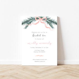 May include: A pink and green watercolor bridal shower invitation with a pink bow and the text "Please join us for a bridal tea in honor of molly messerly. Sunday, December 5th at 2pm 123 Main Street Atlanta, GA 30339 RSVP to Tamata at 678-921-2344 Registered on theinot.com"