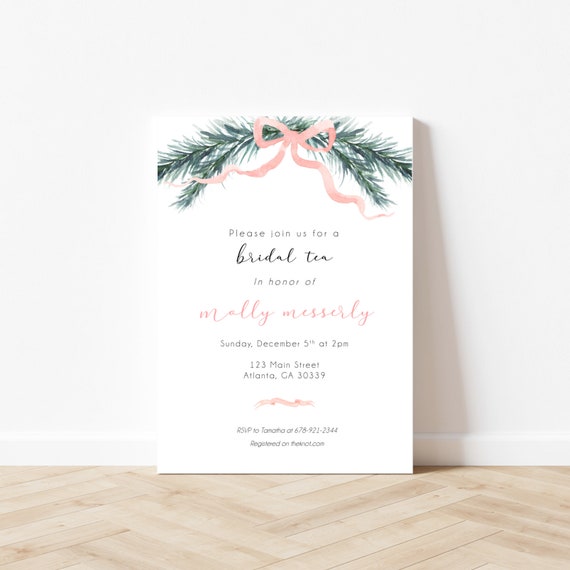Christmas Bridal Tea Invitation, Christmas Bridal Shower Invite, Pink and Green Invite