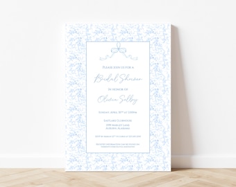 PRINTED OR DIGITAL Blue Toile Invitation, Bridal Shower Invitation, Blue and White, Elegant Shower Invitation, Bridal Tea, Bridal Luncheon