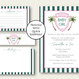 Troop Baby Girl Baby Shower Invitation with Green and White Striped and Hot Pink Text with Palm Trees; Advice Cards, Thank you Notes, and Water Bottle Wraps Included; Fast and Quick Shipping Available; Quick Turnaround