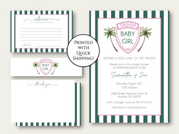 PRINTED Troop Beverly Hills Baby Shower Invitation Bundle with Quick and Fast Shipping; Advice Cards, Water Bottle Wrap, Thank you Add Ons