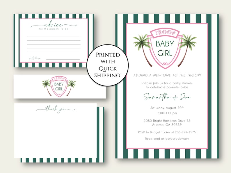 Troop Baby Girl Baby Shower Invitation with Green and White Striped and Hot Pink Text with Palm Trees; Advice Cards, Thank you Notes, and Water Bottle Wraps Included; Fast and Quick Shipping Available; Quick Turnaround