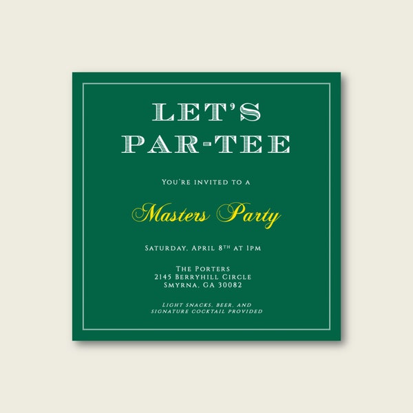 DIGITAL or PRINTED Masters Party Invitation, Masters Golf Invitation, Golf Invitation, Lets Partee, Masters Tournament, Masters Party Decor