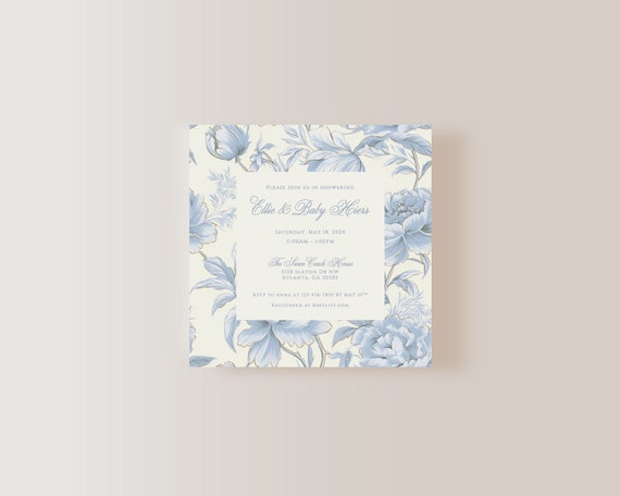 PRINTED OR DIGITAL Blue Floral Baby Shower Invitation, Classic Baby Shower Invitation, Traditional Baby Shower, Baby Boy Shower Invite