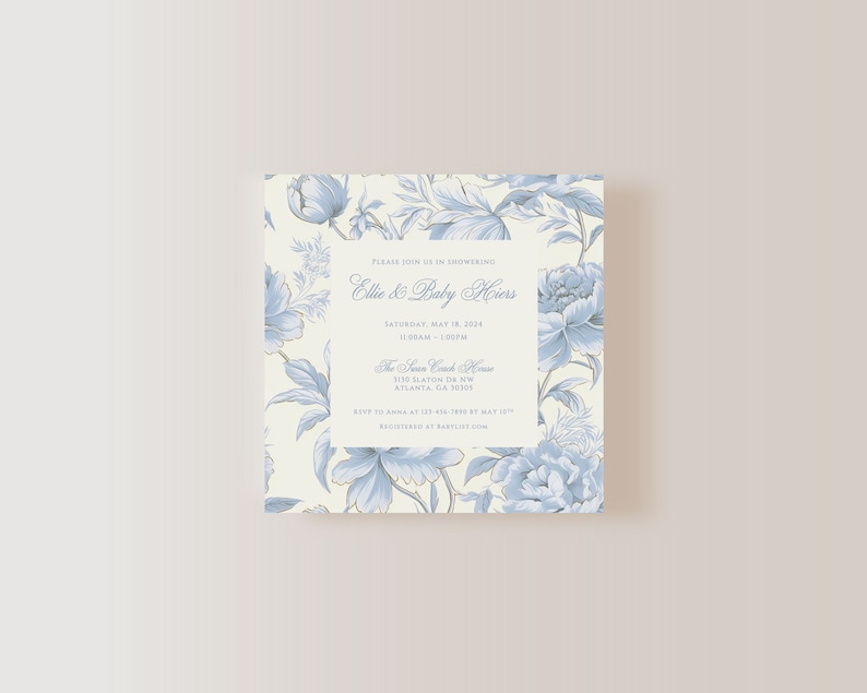 PRINTED OR DIGITAL Blue Floral Baby Shower Invitation, Classic Baby Shower Invitation, Traditional Baby Shower, Baby Boy Shower Invite image 1