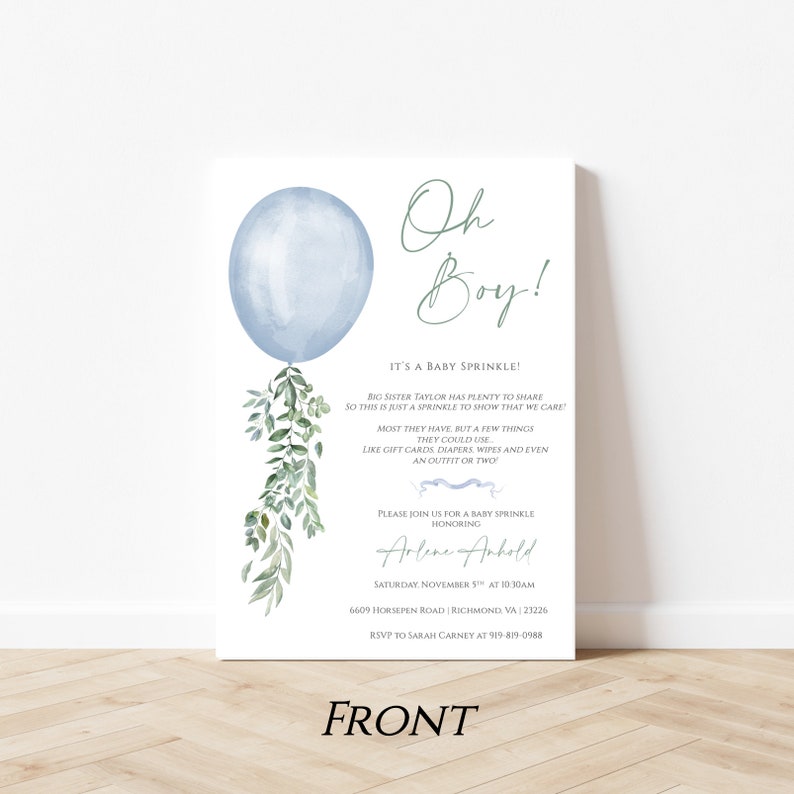 Op de afbeelding: Een blauwe en groene babyshower-uitnodiging met een aquarel-illustratie van een blauwe ballon met groene bladeren. De tekst luidt "Oh Boy! It's a Baby Sprinkle!" en bevat details over het evenement, inclusief de datum, tijd, locatie en RSVP-informatie.