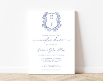 PRINTED OR DIGITAL Couples Shower Invitation, Blue and White, Couples Shower Invitation, Elegant Shower Invitation, Blue Crest Invitation