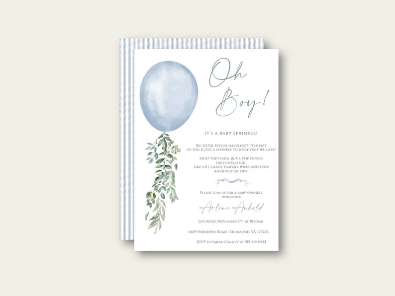 Op de afbeelding: Een blauwe en groene babyshower-uitnodiging met een aquarelballon en groen. De tekst luidt "Oh Boy! It's a Baby Sprinkle!" en bevat de naam "Arlene Anbold" en de datum en tijd van het evenement.