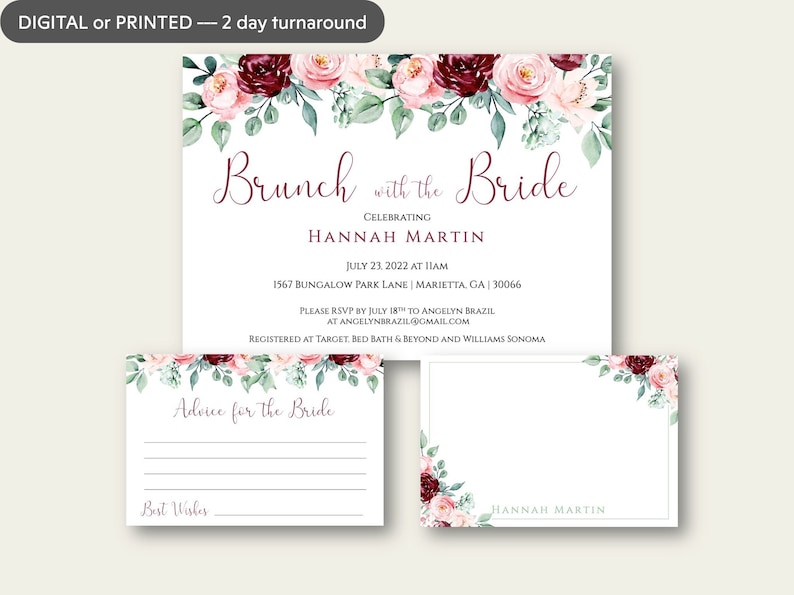Brunch with the Bride invitation, Maroon and pink and greenery