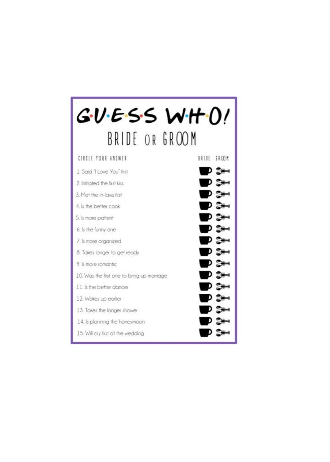 Friends Themed Game Couples Shower Game Friends Shower Game - Etsy