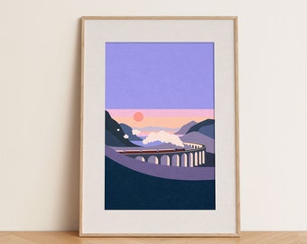 Magic School Express PRINTABLE Wall Art at Sunset, Wizard School Train Landscape Art, Minimalist Train Art, Hog warts Express Fan Art